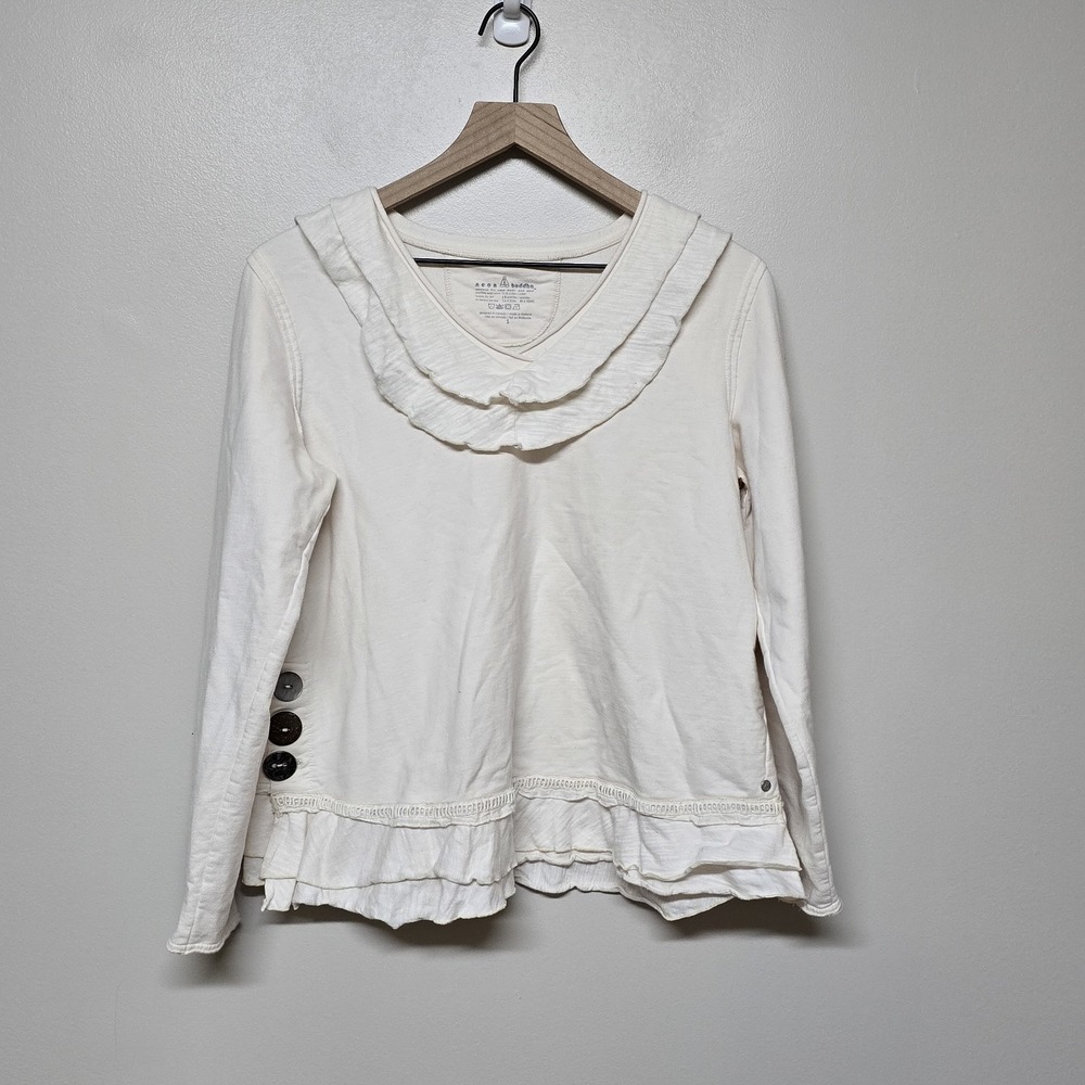 Neon Buddha Beige Raw Seam Long Sleeve Jersey Ruffle Top Tee Shirt Womens Small